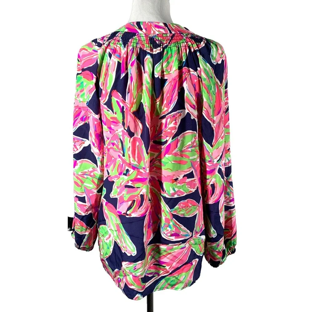Lilly Pulitzer Elsa Silk Top Blouse Vias Pink Lime Green Navy Blue Printed M